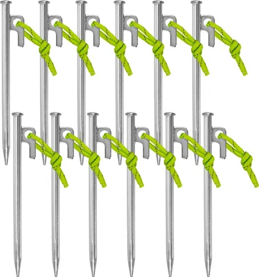 Obrázek produktu pro Stanové kolíky 12 ks 20 cm s P-háčkem a kouskem fluorescenční šňůry - robustní kolíky z pozinkované oceli, Ø 9 mm, pro pevný podklad, kempování, markýzy, stany, altány