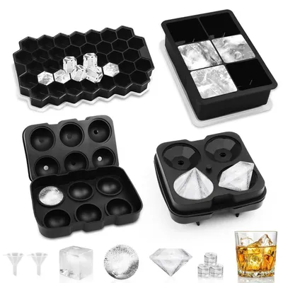 Image de Contenant en silicone pour glaçons avec couvercle, idéal pour les cocktails et le whisky, couleur noire, lot de 4