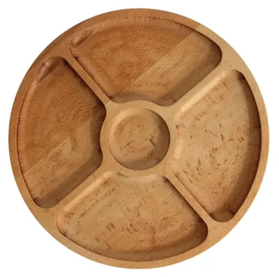 Produktbild von Ø25cm Servierplatte aus natürlichem Holz mit 5 geteilten Fächern, Servierteller von Vorspeisen, Käse und Snacks, Holzplatte Cheeseboard für Fleisch und Käse, Käseplatte, Cheese Board