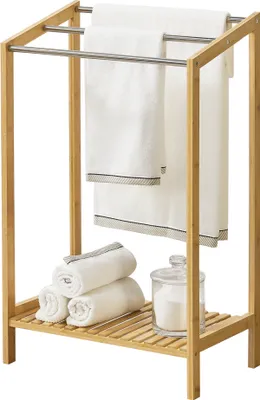 Obrázek produktu pro Bambusový věšák na ručníky Kautokeino Stojící 51 x 31 x 85 cm Stojanový věšák na ručníky se 3 tyčemi na ručníky a policí Volně stojící věšák na ručníky z nerezové oceli