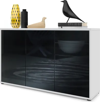 Produktbild von Vladon Sideboard Ben V3, Kommode mit 3 Türen und 2 Schubladen, Weiß matt/Schwarz Hochglanz (117 x 74 x 36 cm)