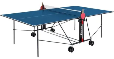 Image de Table de ping-pong compacte SPONETA, pour intérieur, bleu/noir, surface de 16 mm, structure en acier de 25 mm, pliable, 4 roulettes doubles, filet