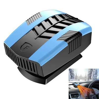 A product shot of a car heater/defroster on a white background, with a small inset image showing it in use in a car dashboard.