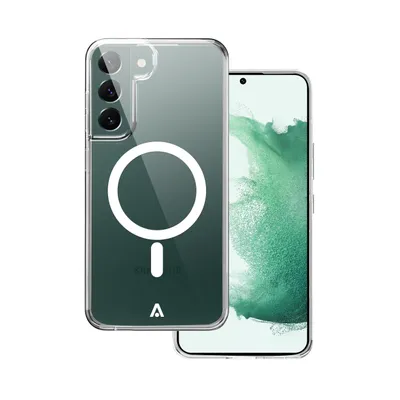 A transparent phone case with a MagSafe ring is shown on a white background, partially obscuring a smartphone with a green abstract wallpaper.