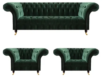 Immagine prodotto di Poltrona Chesterfield verde scuro soggiorno tre posti divano 3pcs