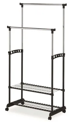 A double-tiered garment rack with shelves and wheels, shown against a white background.