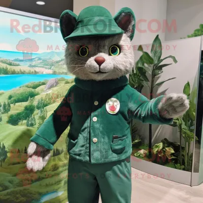 Produktbild von Maskottchen REDBROKOLY kostüm Waldgrüne Katze bekleidet mit einem Rashguard und Hutnadeln