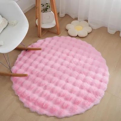 Obrázek produktu pro Kulatý koberec, průměr 100 cm, Umělá kožešina, vysoký vlas, plyšový, růžový
