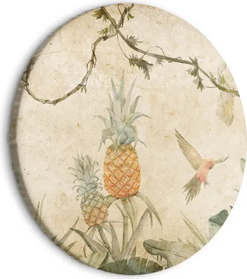 Produktbild von Italienischer Leinwand Rundes Bild - Tropics in muted colors - Parrots and pineapples amidst lush exotic flora in soft shades of green/Parrots in the jungle 80x80 cm Blätter b-C-10382-bc-a
