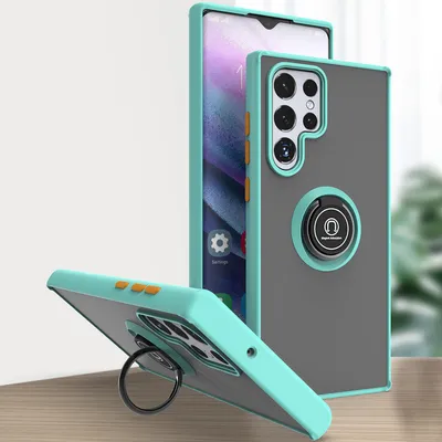 Produktbild von Samsung S22 Ultra 5G Hülle, Ring Halter Ständer Matte Transluzent TPU Rahmen Stoßfest Schutzhülle für Samsung Galaxy S22 Ultra 5G Hellblau