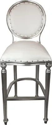 Produktbild von Casa Padrino Luxus Barock Bar Stuhl Weiß / Silber Ledertoptik - Hochstuhl Barstuhl Barhocker - Club Möbel