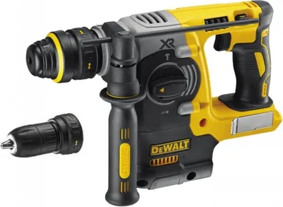 A yellow and black DeWalt rotary hammer drill with an additional chuck attachment is shown against a white background.