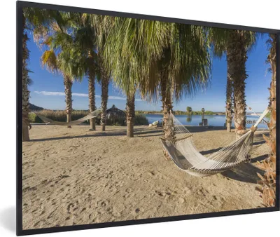 Produktbild von MuchoWow® Gerahmtes Poster Strand - Hängematte - Entspannen 90x60 cm - Poster mit Schwarzem Bilderrahmen Wandposter Rahmen Foto Bilder - Fotorahmen - Foto-Plakat