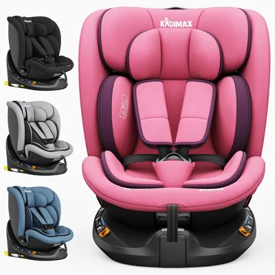 A collage of three different colored car seats, with the pink one prominently displayed in the foreground.