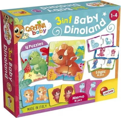 Obrázek produktu pro Sada vzdělávacích her: Dinoland, CAROTINA BABY, puzzle 3 v 1, pexeso, přiřazovací hra, 1–4 roky, vyrobeno v Itálii