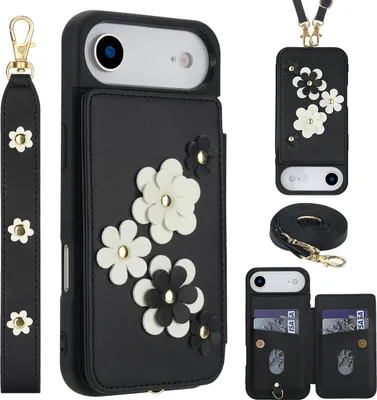Obrázek produktu pro Crossbody pouzdro z umělé kůže pro Apple iPhone 17 Air s květinovým motivem a pouzdrem na karty černé