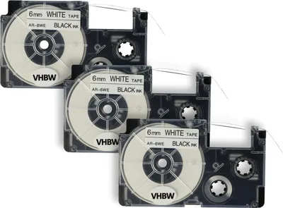 Produktbild von vhbw 3x Schriftband-Kassette kompatibel mit Casio KL-200, KL-130, KL-100E, KL-120, KL-1500, CW-L300 Etiketten-Drucker 8m x 6mm Schwarz auf Weiß