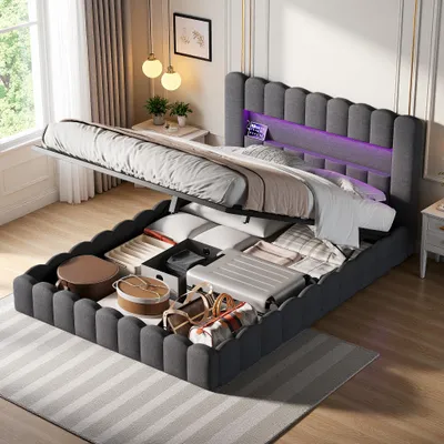 Image de INONEFT, lit rembourré 140x200 cm avec USB et éclairage LED, tête de lit avec espace de rangement, lit double, lit coffre hydraulique, sommier à lattes, lit pour adolescents, couleur gris