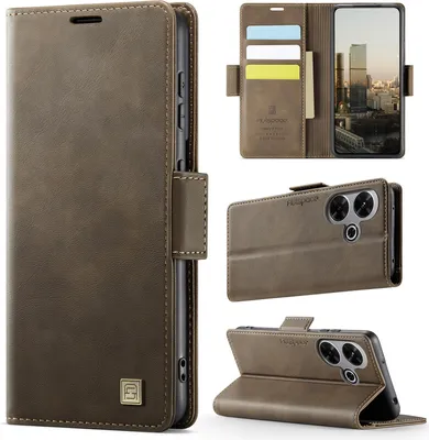 Immagine prodotto di Custodia in pelle per Xiaomi Redmi 13 / Note 13R, protezione RFID, chiusura magnetica, slot per carte e supporto Marrone