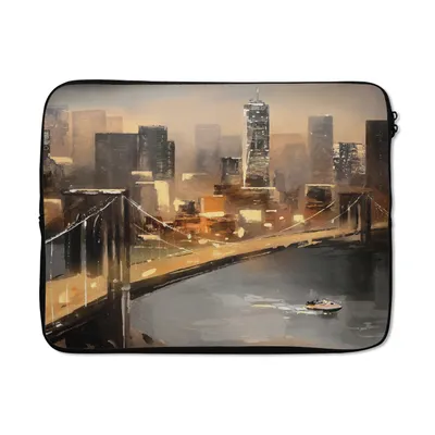 Produktbild von MuchoWow® Laptop Hülle 17 Zoll Laptoptasche Gemälde - Öl - Skyline - Stadt - Wasser - Zipper - Schutzabdeckung