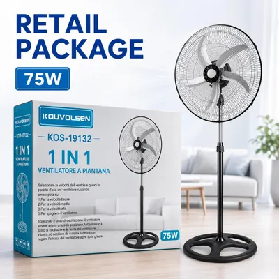 Image de Ventilateur sur pied - KOS-19132 - 75 W - 3 vitesses - Oscillation - Réglage en hauteur - 220 V - Noir