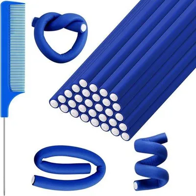 Imagen del producto de Juego de rizadores de espuma para crear ondas suaves sin calor, incluye un peine de acero apto para cabello largo y corto (7 x 0,8 cm, color azul)