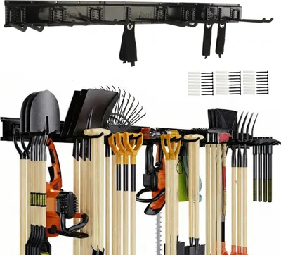 Image de Support mural Organisateur d'outils en acier 122 cm, étagère murale modulaire, support pour appareils, support pour outils, 9 crochets, garage, cave, atelier, échelles, câbles, tuyaux d'arrosage