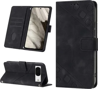 Produktbild von Hülle für Google Pixel 8 Prägung Flip Leder Brieftasche Schutzhülle mit Ständer Schwarz