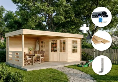 Produktbild von Alpholz Gartenhaus Set Hanna 598x322cm Natur mit Boden & Dacheind.