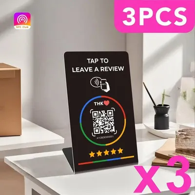 Produktbild von 3xNFC Review-Ständer mit QR-Code – Kundenbewertungen per Scan & Tap – Englischsprachiger Text – Google Review Tool für Tresen & Rezeption
