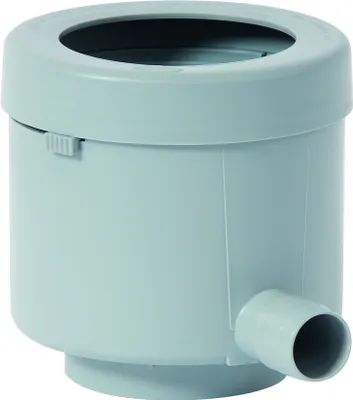 A light gray plastic water diverter or filter for a rain barrel system.
