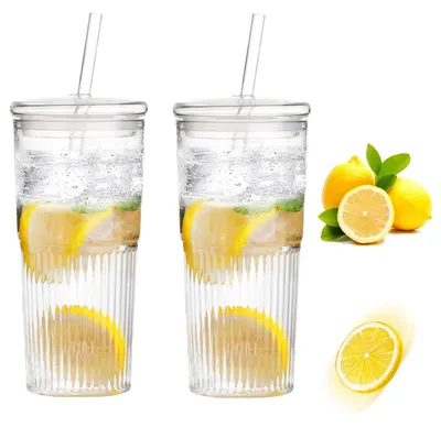 Gläser 600 ml mit Deckel & Strohhalm, 2er-Set, hitzebeständig