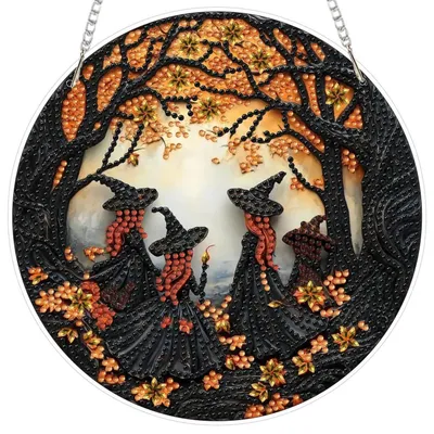 Image de Kit de création de pendentif "Halloween" en strass 5D, représentant une sorcière, avec chaîne. Idéal pour les enfants et les adultes