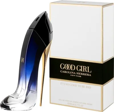 A perfume bottle shaped like a high heel and its packaging are displayed.