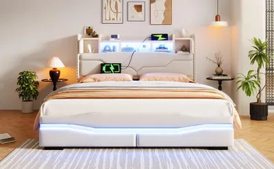 Obrázek produktu pro okwish Čalouněná postel 160×200, mládežnická postel s USB zásuvkou a dálkovým LED páskem, bez matrace s úložným prostorem a skříňkou v čele, béžová