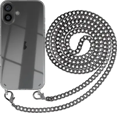 Produktbild von EAZY CASE Metall Handykette für Apple iPhone 16 Plus, Handyhülle mit Umhängeband, Silikonhülle, Metallkette für Smartphone in Grau
