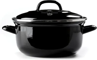 A black enamel pot with a lid and handles, shown on a white background.