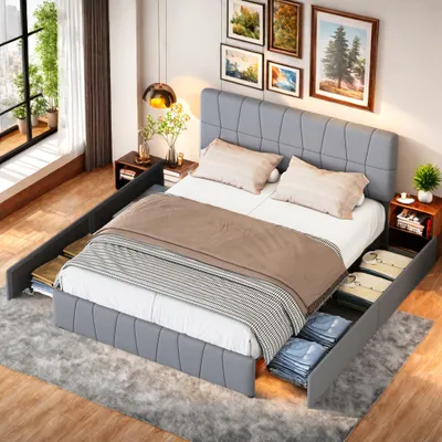 Zdjęcie produktu dla Łóżko tapicerowane UnboxG 160x200 cm z zagłówkiem o regulowanej wysokości i 4 szufladami, funkcjonalne łóżko podwójne z ramą z listew i aksamitnym pokryciem w kolorze szarym