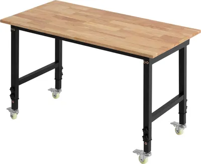 Image de Établi - Table d'atelier - Capacité de charge 680 kg - Réglable en hauteur 72,5–107,5 cm - Plan de travail en chêne 122 x 60 cm - Avec roulettes - Pour garage et atelier