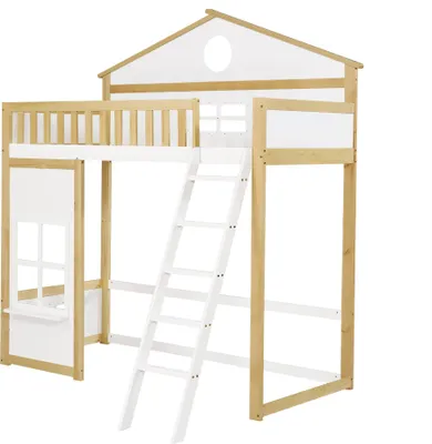 Produktbild von Flieks Etagenbett 90x200cm mit Fenster, Kinderbett Hausbett mit Rausfallschutz, Hochbett mit Leiter und Lattenrost, Stockbett Einzelbett Kinder, Holz