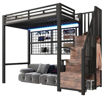 Produktbild von Hochbett mit RGB LED-Streifen, Rausfallschutz, 90x200cm, Treppe mit Regal und Kleiderschrank, Kinderbett, Metallbett