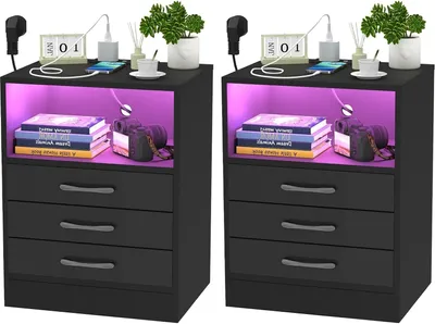 Produktbild von 2er Set LED Nachttisch mit Steckdose & USB,Schwarz Hochglanz Nachtschrank Nachtkommode 3 Schubladen Beistelltisch für Schlafzimmer 60x45x35cm
