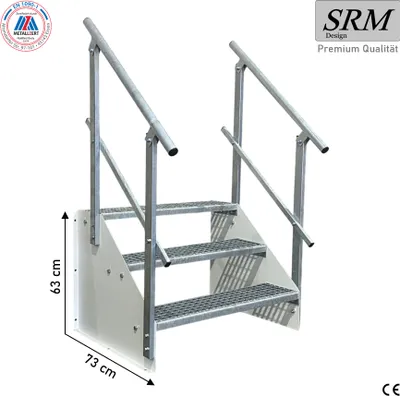 A freestanding metal staircase with three steps and a handrail, shown against a white background. Dimensions are indicated.