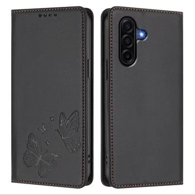 Image de Étui en cuir pour Samsung Galaxy A37, motif papillon en relief, étui portefeuille à rabat avec support, noir