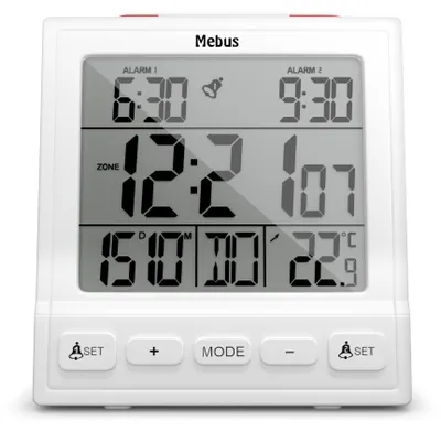 Funk-Wecker mit Thermometer, zwei Weckzeiten, Snooze, weiß