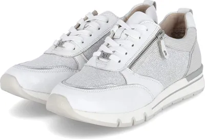 A pair of white and silver low-top sneakers.