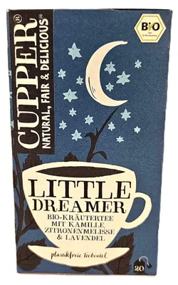 Produktbild von Cupper Tee Sweet Dreams, Früchtetee, 30 g, Kamille 30%, Zitronenmelisse 15%, Lavendel 14%, Zitronengras. Fenchelsamen, Hagebutte, Grüne Minze., Papierschachtel, EU organic