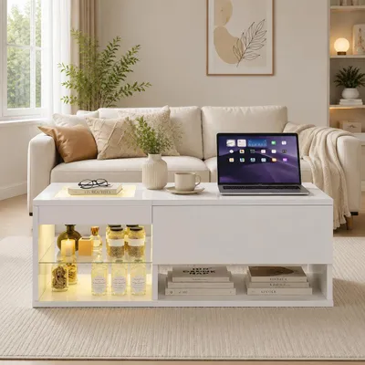 Productafbeelding van INONEFT Salontafel met hoogglansafwerking en liftmechanisme, woonkamertafel met LED-verlichting, bijzettafel met 3 open opbergruimtes, wit, AI-gegenereerde afbeelding