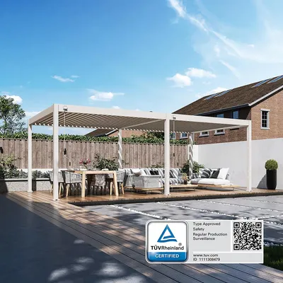 Produktbild von Deluxe | Voll-Alu Pergola | 3,6 x 7,2 M | Ivory Sand | Lamellendach