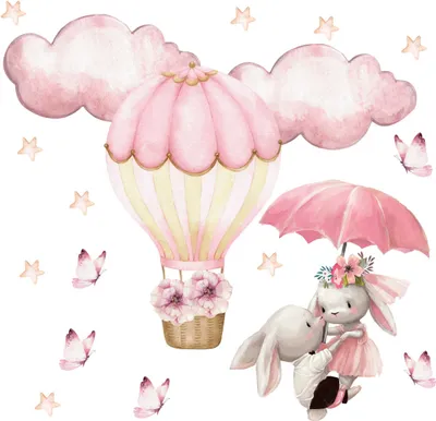 Produktbild von Wandtattoo Häschen, Ballon, Wolken, mit umweltfreundlichen, geruchsneutralen Druckfarben - Wandsticker, Wandaufkleber Kinder 150 x 250 cm